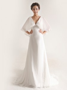 White Half Sleeves Chiffon Brush Train Zipper Wedding Dresses for Wedding Party