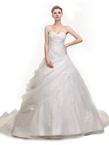 Lovely Sleeveless Brush Train Lace Up With Train Beading and Appliques Bridal Gown