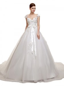 Tulle V-neck Sleeveless Chapel Train Lace Up Appliques and Sashes ribbons Wedding Dress in White