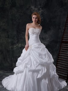 Extravagant Sleeveless Brush Train Zipper With Train Beading and Pick Ups Bridal Gown