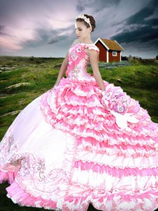 Delicate One Shoulder Ruffled Pink And White Sleeveless Organza and Taffeta Lace Up Quinceanera Gown for Military Ball and Sweet 16 and Quinceanera