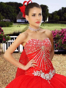 Simple Red 15 Quinceanera Dress Military Ball and Sweet 16 and Quinceanera and For with Beading and Lace Sweetheart Sleeveless Watteau Train Lace Up