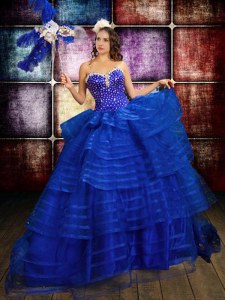 Hot Sale Royal Blue Sweetheart Lace Up Beading and Ruffled Layers Quinceanera Dress Sleeveless