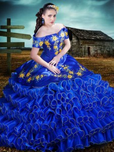 High Quality Ruffled Floor Length Royal Blue 15 Quinceanera Dress Off The Shoulder Short Sleeves Lace Up
