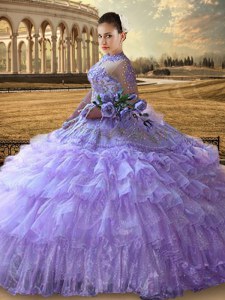 Beading and Embroidery and Ruffled Layers Ball Gown Prom Dress Lavender Lace Up Long Sleeves Floor Length