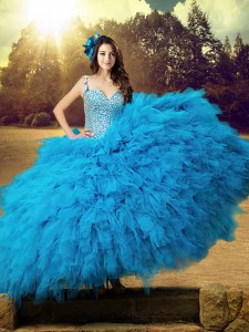 Baby Blue Lace Up Straps Beading and Ruffles Quinceanera Gowns Tulle Sleeveless