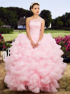 One Shoulder Baby Pink Tulle Lace Up 15 Quinceanera Dress Sleeveless Floor Length Beading