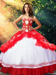 Lovely White And Red Ball Gown Prom Dress Military Ball and Sweet 16 and Quinceanera and For with Embroidery and Ruffles Sweetheart Sleeveless Lace Up