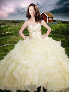 Fancy Ruffled Sweetheart Sleeveless Lace Up 15 Quinceanera Dress Light Yellow Organza