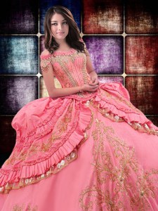 Chic Ruffled Ball Gowns 15th Birthday Dress Watermelon Red Off The Shoulder Taffeta Sleeveless Floor Length Lace Up