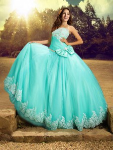 Sleeveless Tulle Floor Length Lace Up Sweet 16 Dresses in Apple Green with Beading and Lace and Bowknot