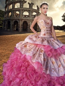 Noble With Train Ball Gowns Sleeveless Pink And White 15th Birthday Dress Court Train Lace Up