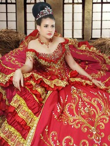 Dazzling Off the Shoulder Ruffled Floor Length Ball Gowns Sleeveless Red Quinceanera Gown Lace Up