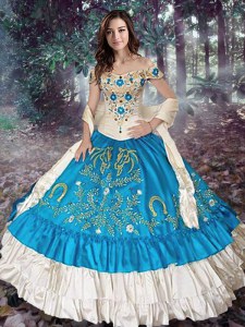Wonderful Off the Shoulder Teal Sweet 16 Dress Taffeta Cap Sleeves Embroidery and Ruffled Layers