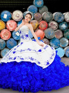 Stunning White and Blue Lace Up Quinceanera Dress Embroidery and Ruffles Sleeveless With Brush Train