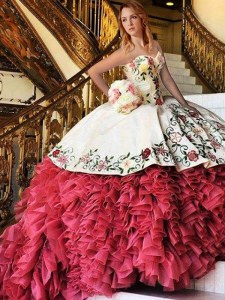Elegant White and Red Lace Up 15 Quinceanera Dress Embroidery and Ruffles Sleeveless With Brush Train