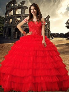 Pretty Off the Shoulder Red Ball Gowns Beading and Ruffled Layers 15 Quinceanera Dress Lace Up Tulle Sleeveless With Train