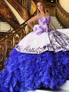 Graceful Blue And White Sleeveless Organza Lace Up Vestidos de Quinceanera for Military Ball and Sweet 16 and Quinceanera