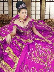 Glittering Off the Shoulder Purple Sleeveless Embroidery Floor Length Quinceanera Gowns