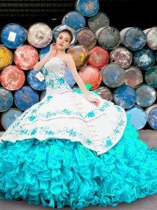 Best Blue And White Organza Lace Up Quinceanera Dresses Sleeveless Floor Length Appliques and Embroidery and Ruffles