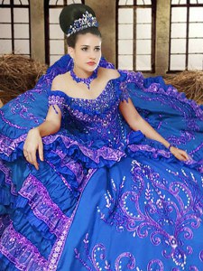 Off the Shoulder Royal Blue Ball Gowns Embroidery Quinceanera Dress Lace Up Satin Sleeveless Floor Length