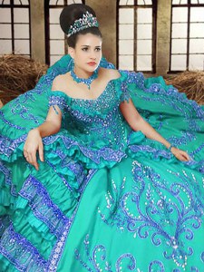 Off the Shoulder Floor Length Turquoise Quinceanera Dress Satin Sleeveless Embroidery