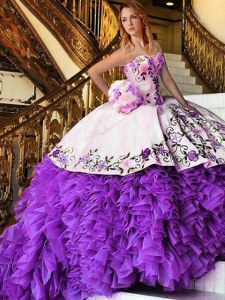 Unique Sweetheart Sleeveless Lace Up Sweet 16 Dresses White And Purple Organza