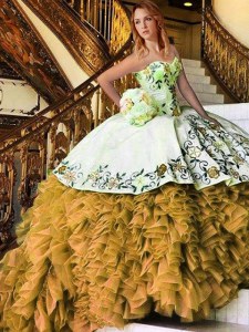 Attractive Sleeveless Organza Floor Length Lace Up Quinceanera Gowns in Yellow And White with Appliques and Embroidery