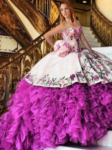 Customized Appliques and Embroidery Quince Ball Gowns Pink And White Lace Up Sleeveless Floor Length