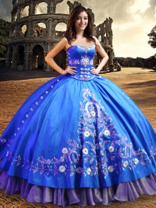 One Shoulder Royal Blue Sleeveless Lace and Embroidery Floor Length Quinceanera Gowns