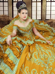 Ideal Off the Shoulder Gold Lace Up 15 Quinceanera Dress Embroidery Sleeveless Floor Length