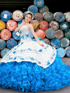 Halter Top Blue And White Lace Up 15 Quinceanera Dress Appliques and Embroidery and Ruffles Sleeveless Floor Length