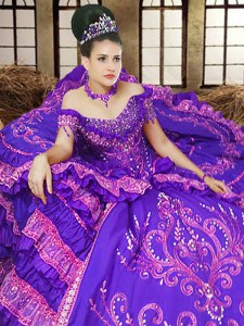 Best Off the Shoulder Lavender Lace Up 15th Birthday Dress Embroidery Sleeveless Floor Length