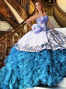 Latest Baby Blue Ball Gowns Sweetheart Sleeveless Organza Floor Length Lace Up Appliques and Embroidery and Ruffles Quinceanera Dresses