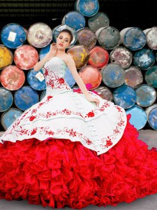 Glorious Sweetheart Sleeveless Quinceanera Dresses Floor Length Appliques and Embroidery and Ruffles White And Red Organza