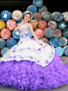 Fancy White And Purple Sleeveless Organza Lace Up Vestidos de Quinceanera for Military Ball and Sweet 16 and Quinceanera