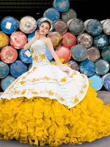 Sleeveless Floor Length Appliques and Embroidery and Ruffles Lace Up Quinceanera Dress with Yellow And White