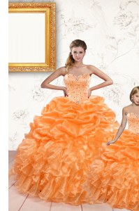 Pick Ups Orange Sleeveless Organza Lace Up Quince Ball Gowns for Military Ball and Sweet 16 and Quinceanera