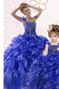 Elegant One Shoulder Floor Length Lace Up Quinceanera Dress Royal Blue for Military Ball and Sweet 16 and Quinceanera with Beading and Ruffles