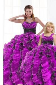 Custom Made Sweetheart Sleeveless Organza Quinceanera Dresses Beading and Appliques and Ruffles Lace Up