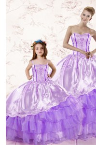 Floor Length Lace Up Quince Ball Gowns Lavender for Military Ball and Sweet 16 and Quinceanera with Embroidery and Ruffled Layers