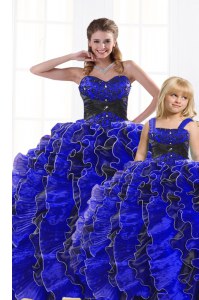 Modern Sleeveless Floor Length Beading and Appliques and Ruffles Lace Up Quinceanera Dress with Royal Blue