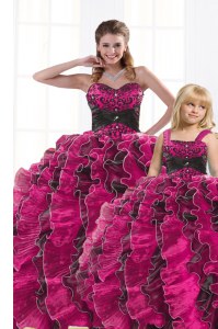 Sweetheart Sleeveless Organza Quince Ball Gowns Beading and Appliques and Ruffles Lace Up
