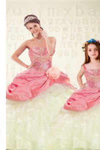 Beauteous Pink Sweetheart Neckline Beading and Ruffled Layers and Hand Made Flower Quinceanera Gowns Sleeveless Lace Up