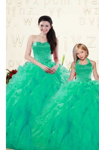 Turquoise Ball Gowns Beading and Ruffles Sweet 16 Dresses Lace Up Organza Sleeveless Floor Length