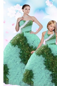Pretty Turquoise Fabric With Rolling Flowers Lace Up Sweetheart Sleeveless Floor Length Quinceanera Gown Beading and Sequins