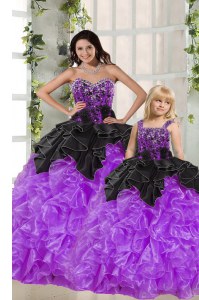 Black And Purple Sweet 16 Dress Military Ball and Sweet 16 and Quinceanera and For with Beading and Ruffles Sweetheart Sleeveless Lace Up