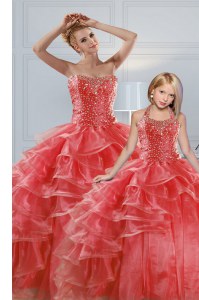 Cheap Sleeveless Organza Floor Length Lace Up Sweet 16 Dresses in Coral Red with Beading and Ruffled Layers