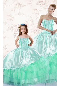 Eye-catching Apple Green Ball Gowns Sweetheart Long Sleeves Organza Floor Length Lace Up Embroidery and Ruffled Layers Quinceanera Dress