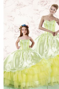 New Arrival Sweetheart Sleeveless Quinceanera Gowns Floor Length Embroidery and Ruffled Layers Light Yellow Organza